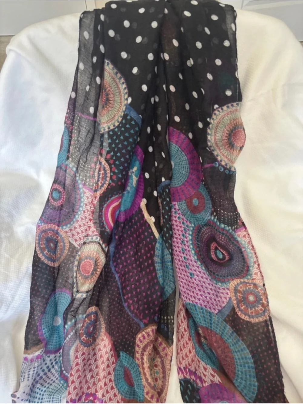 Lightweight Black Multicolor Patterned Scarf